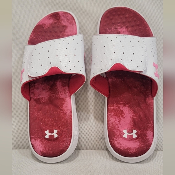 WOMEN'S UNDER ARMOUR PINK & WHITE SLIDE STYLE SANDALS (sz 10) - Picture 1 of 5
